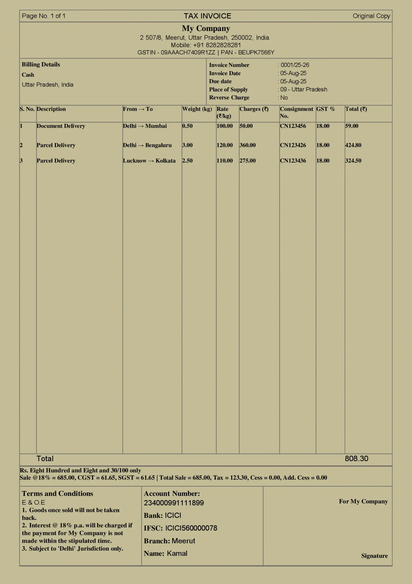 Courier Invoice Format